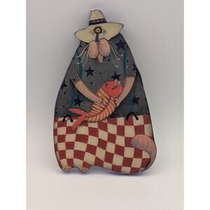 Whimsical Folk Art Cat Brooch Hand Painted Wood Cat Pin Holding Fish Signed
